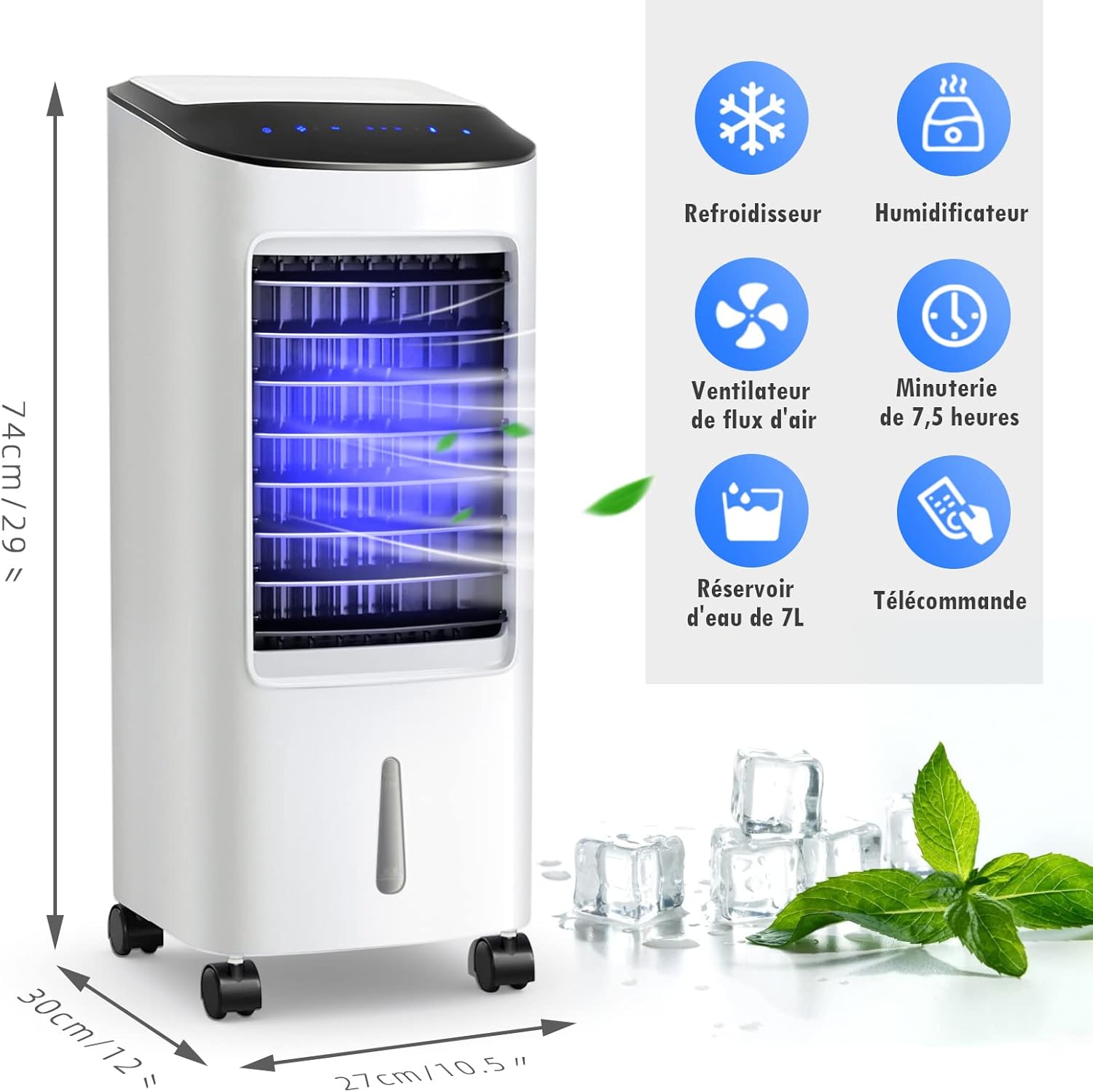 RELAX4LIFE Rafraîchisseur d’Air Mobile avec Humidificateur et Purificateur, 3 Mode de Vitesse, Climatiseur avec Réservoir d'Eau 8L et Filtre Amovible et Lavable pour Chambre, Bureau, Salon