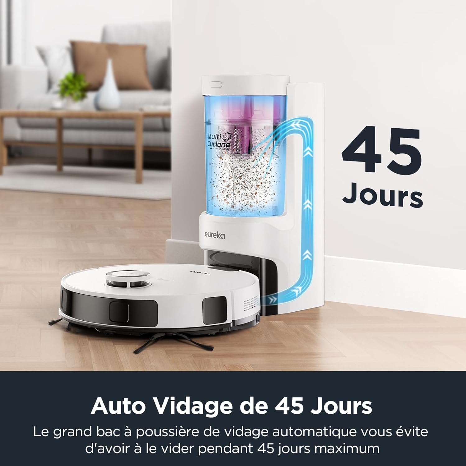 Eureka E20 Plus Aspirateur Robot de 8000 Pa avec Station de Vidange Automatique sans Sac, Robot Aspirateur Laveur Anti Enchevêtrement, Évitement d'Obstacles 3D, Autonomie de 180 Minutes, DuoDetect AI