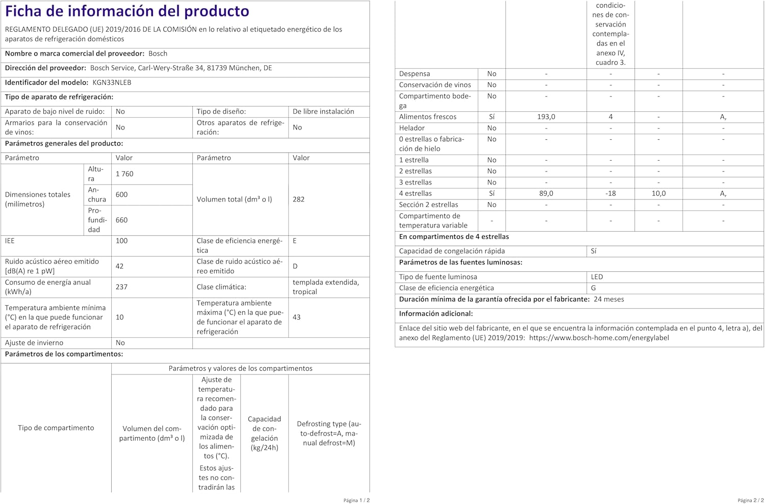 Bosch KGV33VWEAS, Série 4, Réfrigérateur congélateur, Pose libre, 176 x 60 cm, 195 L / 94 L, Blanc