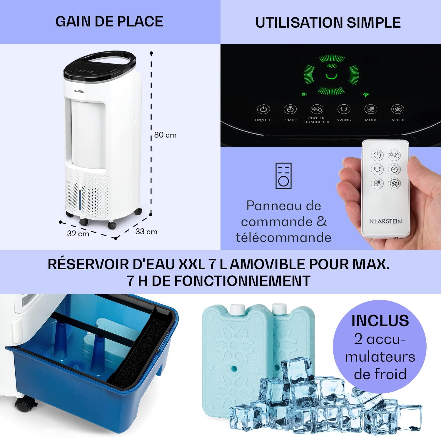 Klarstein Rafraichisseur d'Air 4 en 1, Climatiseur Portable Smart APP Mobile, Humidificateur, Ventilateur, Sans Évacuation 65W, Pack Glacons, Mode Nuit, Puissant Débit d'Air 330m³/h
