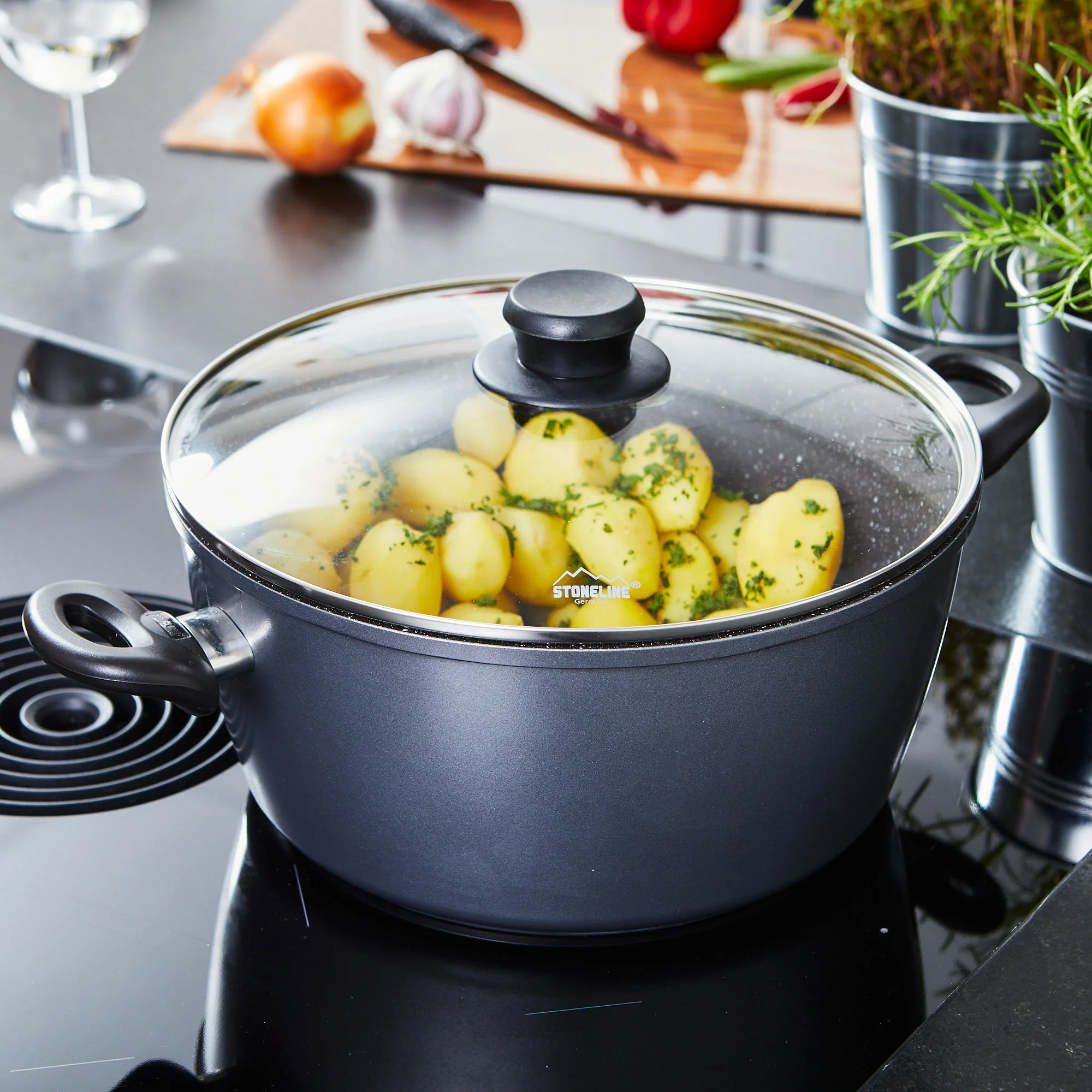 Faitout 28 cm, avec couvercle en verre Stoneline