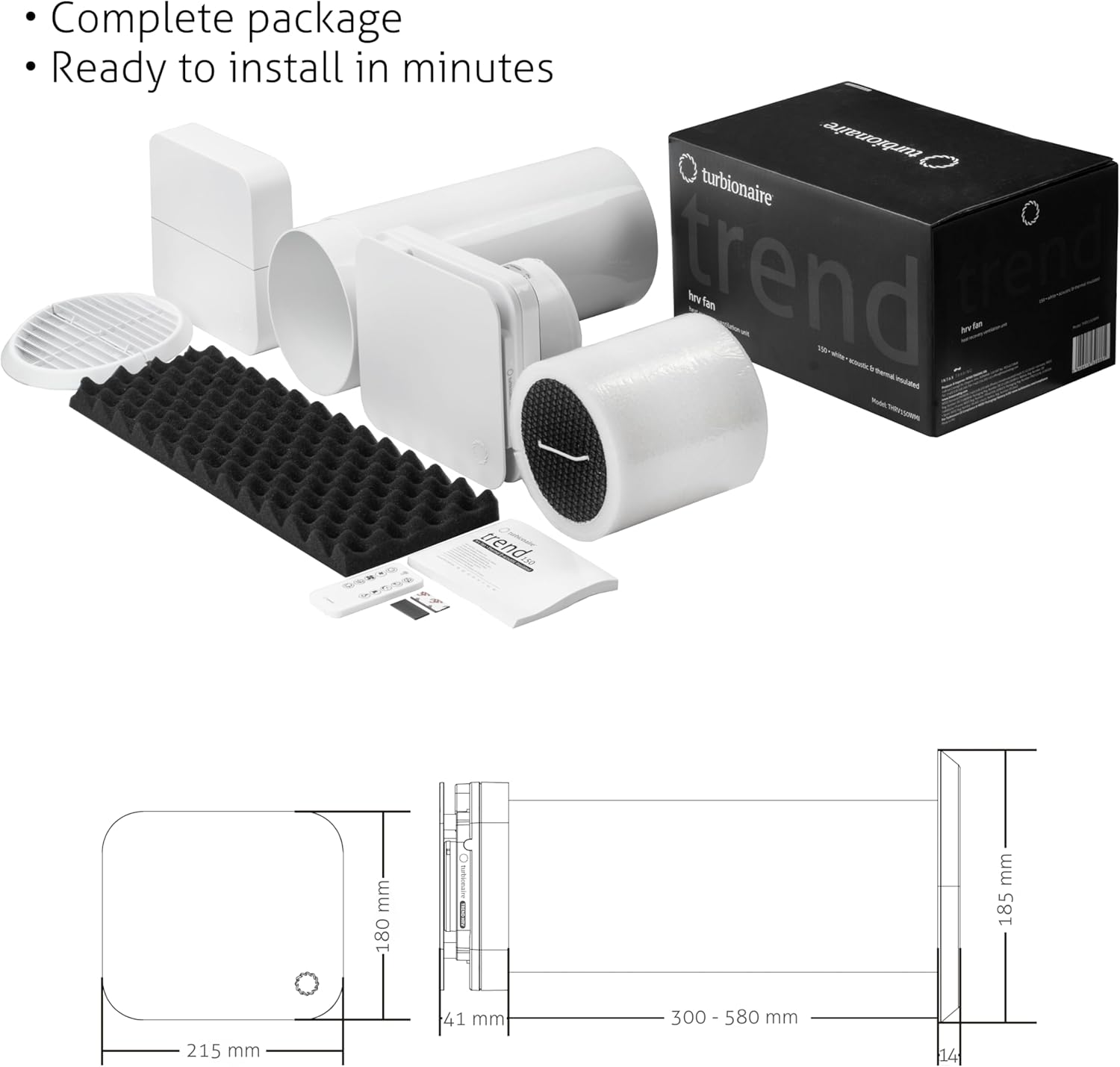 Turbionaire Trend HRV Unite de VMC Décentralisée, Récupérateur de Chaleur Céramique, Capteur d'Humidité, Télécommande, Minuterie, 8 Vitesses, Flux d'Air Réversible, 100 mm, Blanc, Silenciuse