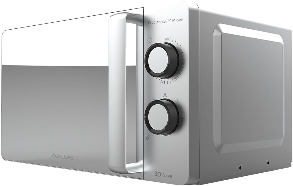 Cecotec Four à micro-ondes ProClean 9110 FullINOX avec grill 1000 W, 30 litres, 5 niveaux de puissance, 8 programmes, minuterie de 60 minutes, revêtement Ready2Clean, design avant miroir