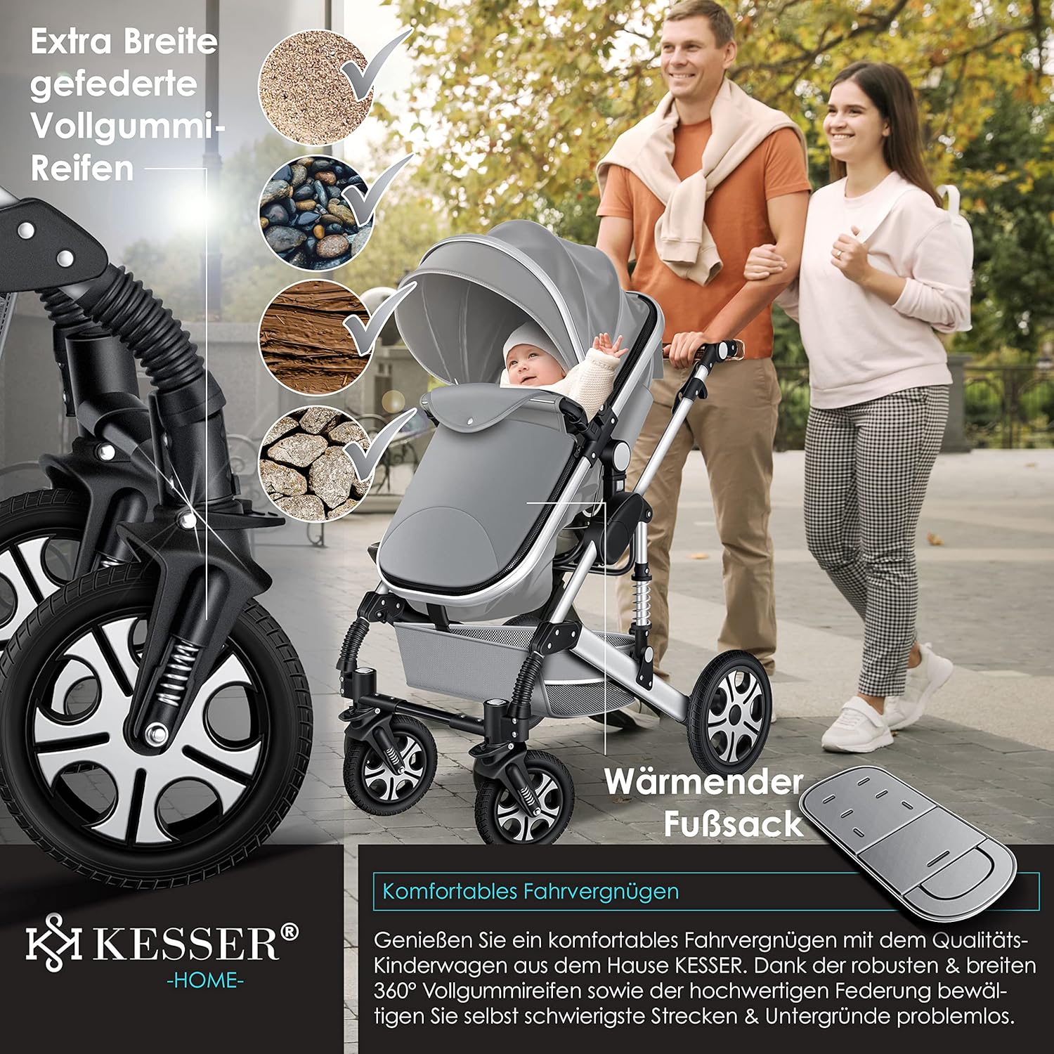 KESSER® Poussette combinée 3en1 Set incl. baignoire bébé poussette Siège sport & siège auto pour bébé Pneus pleins en caoutchouc Sac à langer Protection pluie Table pour enfant ECE R129 noir/champagne