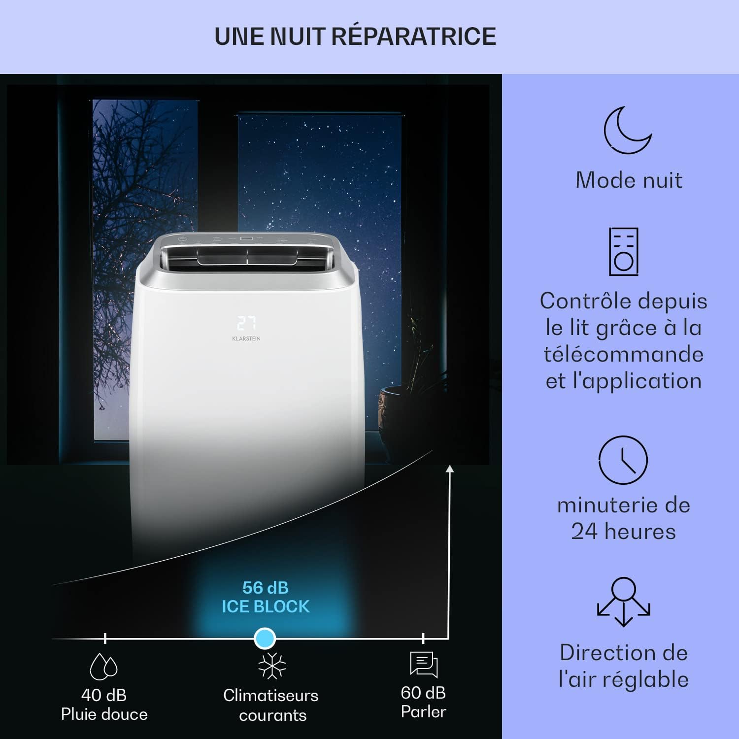 Klarstein Climatiseur Mobile Silencieux, Climatiseur 3 en 1, Mode Nuit, Déshumidificateur, Ventilateur, Mini Climatisation à Faible Conso, Evacuation, Clim Portable, Puissante, 12000 BTU, Climatiseurs