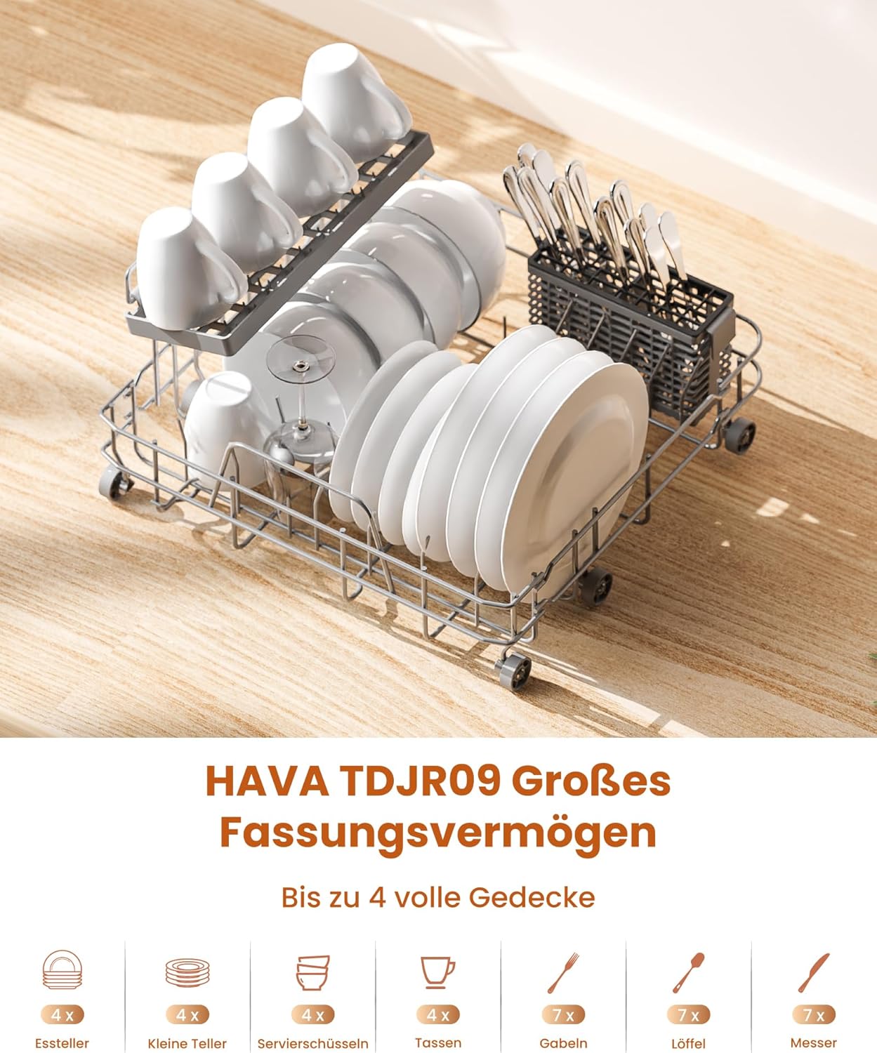 HAVA mini lave vaisselle, nouveau modèle amélioré 2024, 8 programmes de lavage, lave-vaisselle portable avec sécurité enfant et fonction de démarrage différé, réservoir d'eau de 5 L