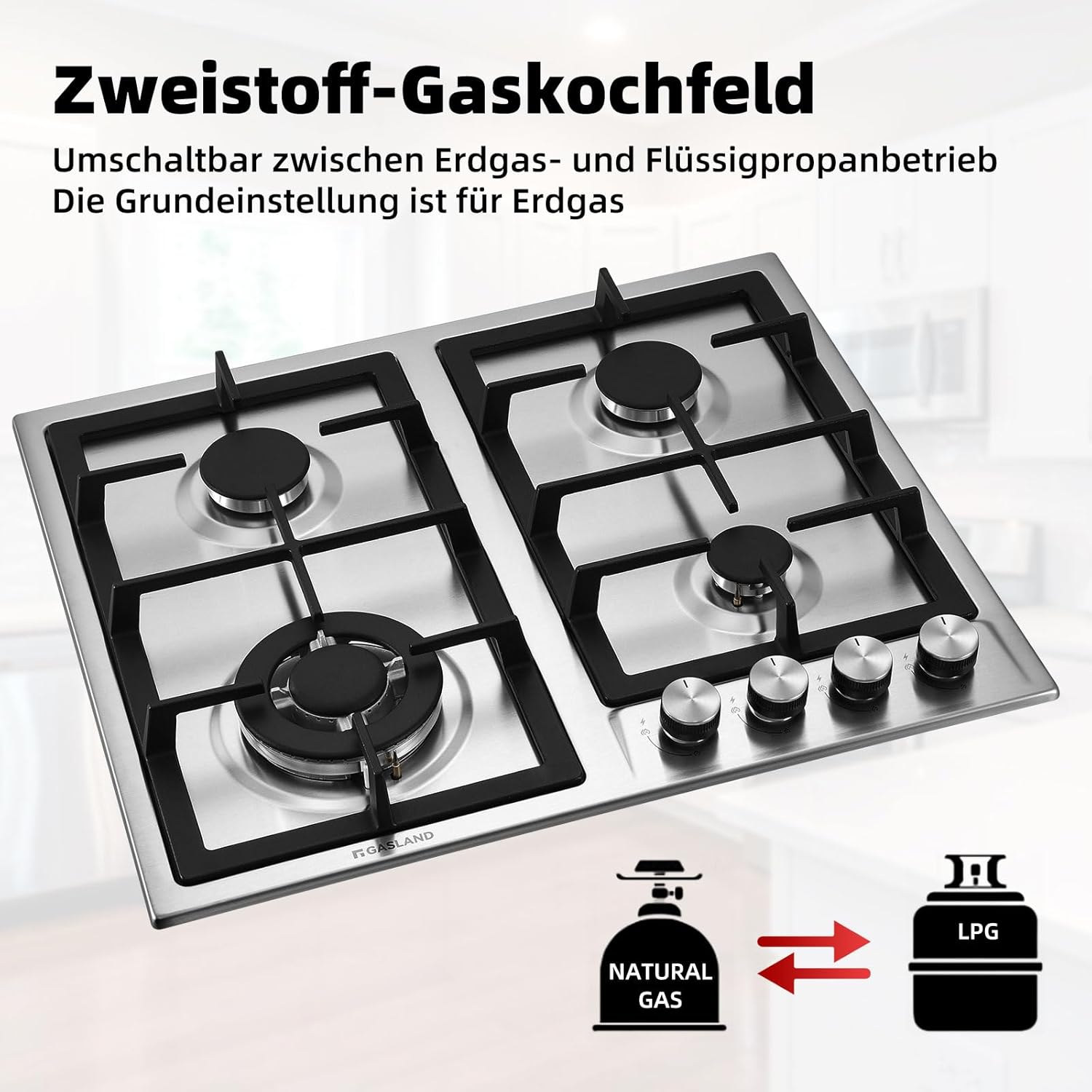 GASLAND GH2805BG1FC Table de cuisson à gaz 5 feux, Cuisinière à gaz avec brûleur wok, Table de cuisson à gaz encastrable, 76cm noir Cuisinière à gaz en verre, Cuisinière à gaz 10,4KW, GPL/NG