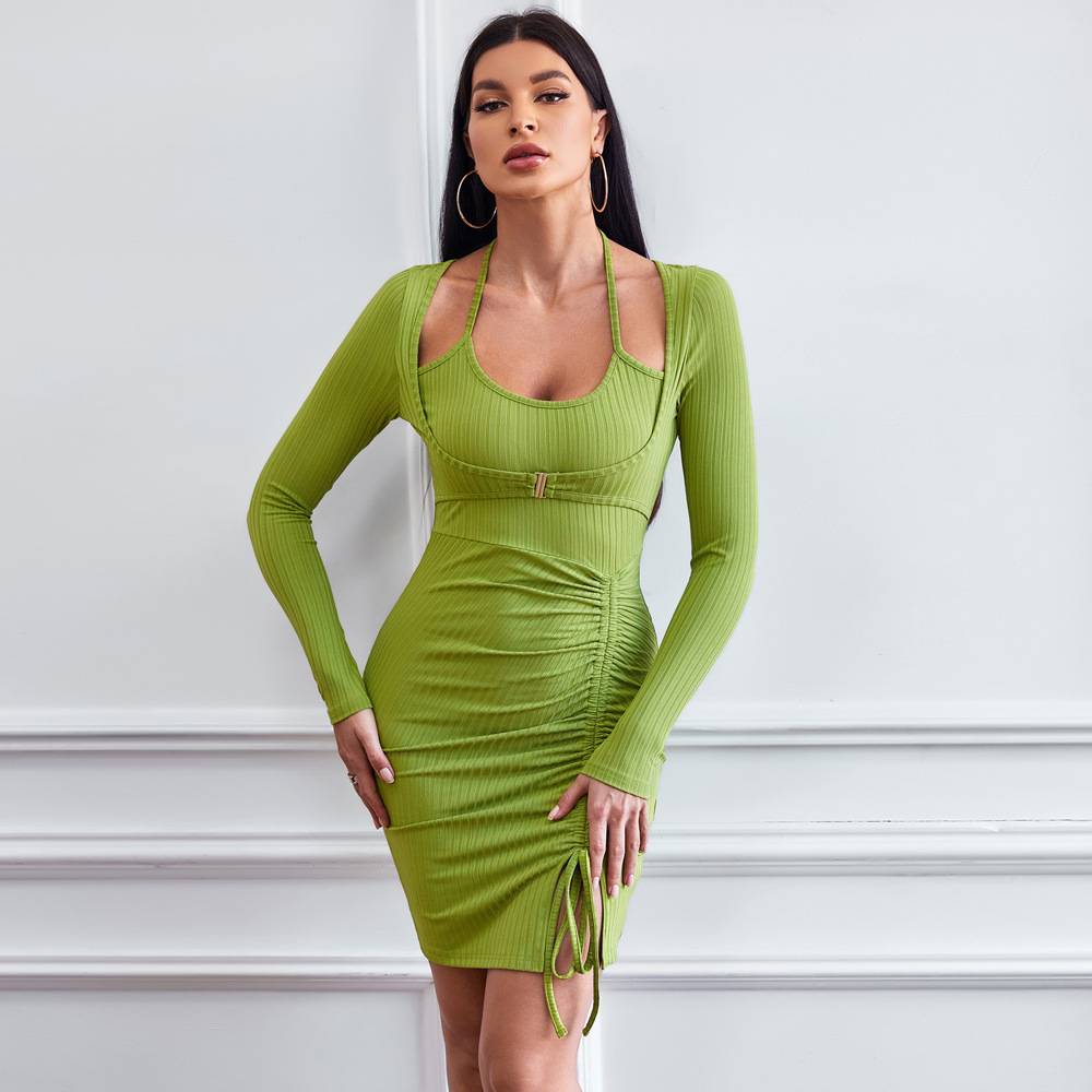 Lime Green Halter Ruched Dress