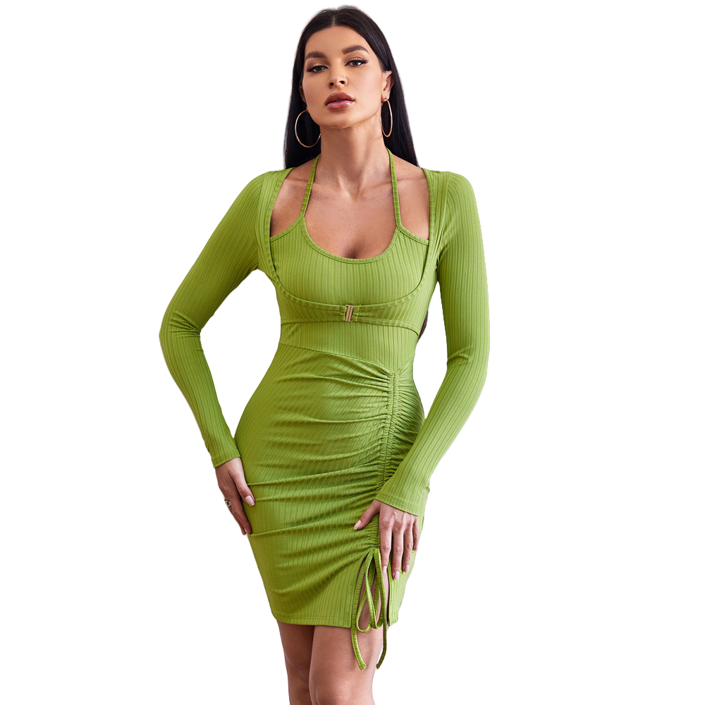 Lime Green Halter Ruched Dress
