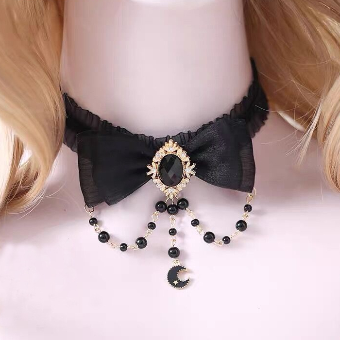 Pearl Bow Necklace Female Choker Lace Neck Band Collar Clavicle Chain - 