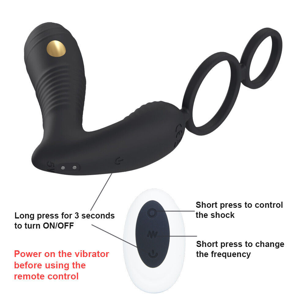 Wireless Remote Control Electric Shock Prostate Massager With Double Penis Ring Anal Vibrator For Male - 