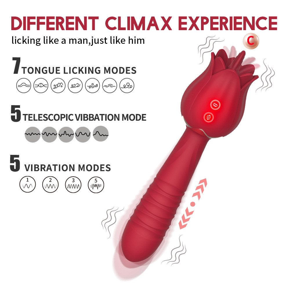 Rose Tongue Licking Thrusting Wand Vibrator Clitoral G-Spot Stimulation Masturbation Toy For Adult Female - 