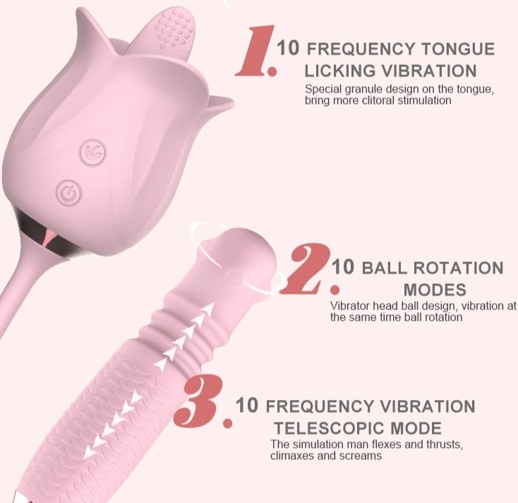 3-in-1 Blooming Rose Toy Rotating Telescopic Tongue Licking Pearls Vibrator Sex Toy For Adult Female - 