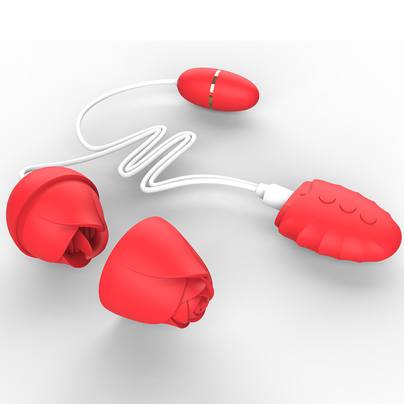 New Detachable Flower Head Rose Toy with Wired Remote Tongue Licking Stimulators & Vibrating Egg - 