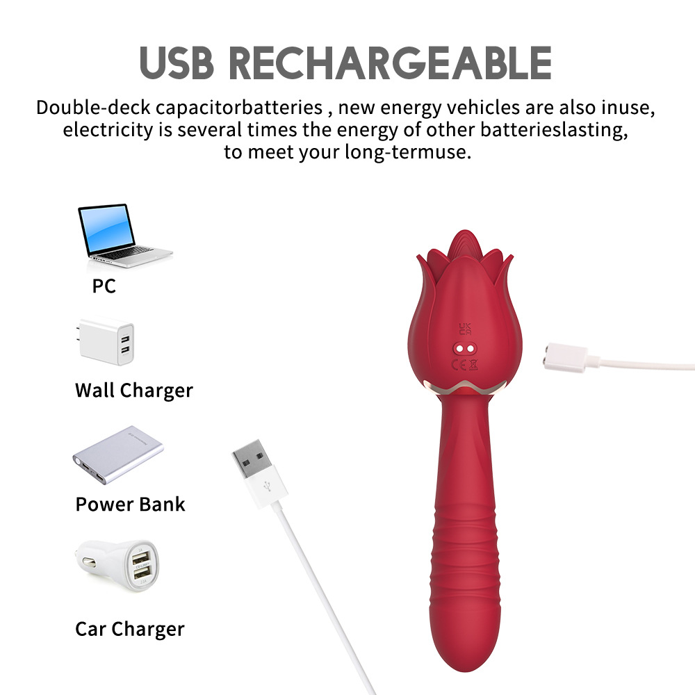 Rose Tongue Licking Thrusting Wand Vibrator Clitoral G-Spot Stimulation Masturbation Toy For Adult Female - 