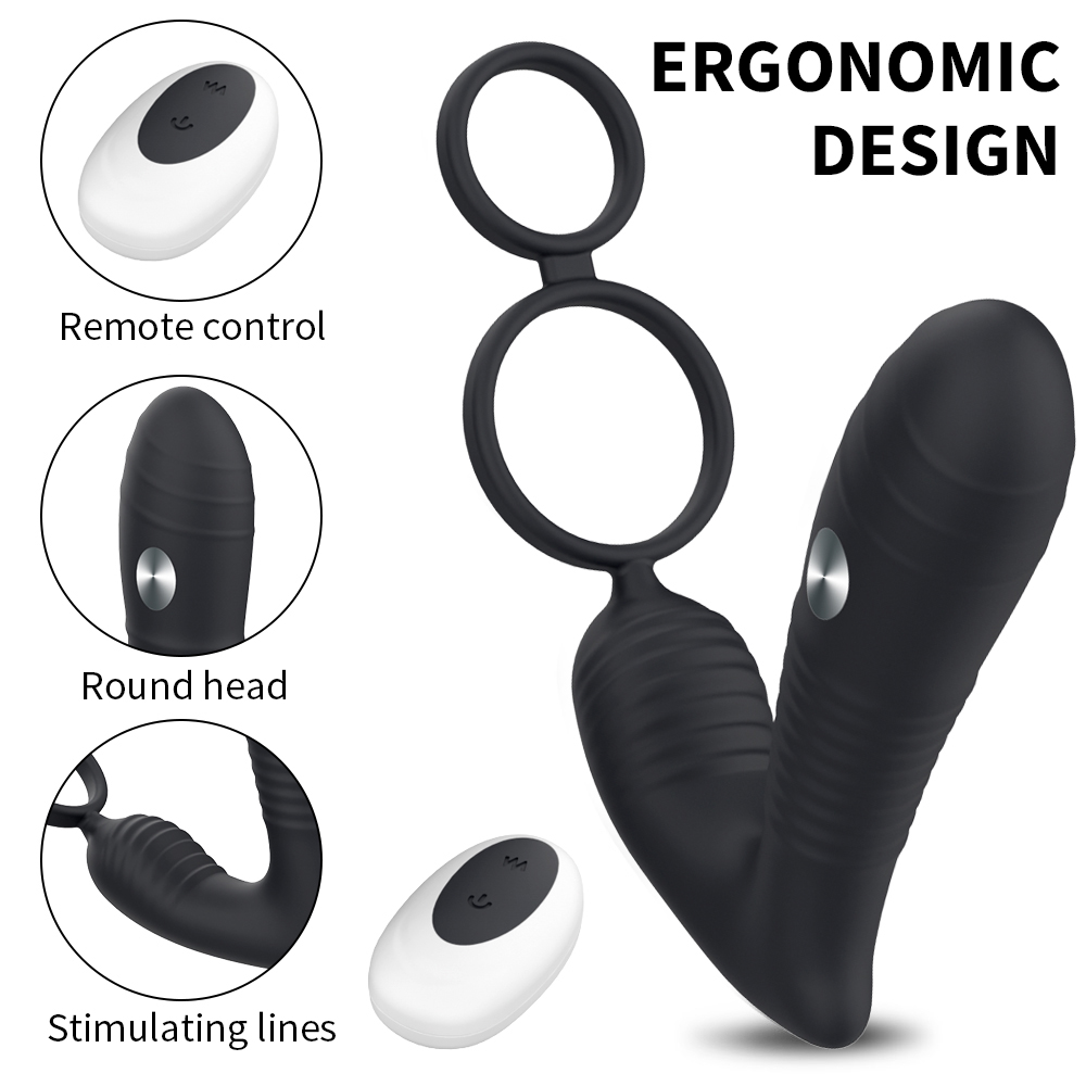 Wireless Remote Control Electric Shock Prostate Massager With Double Penis Ring Anal Vibrator For Male - 