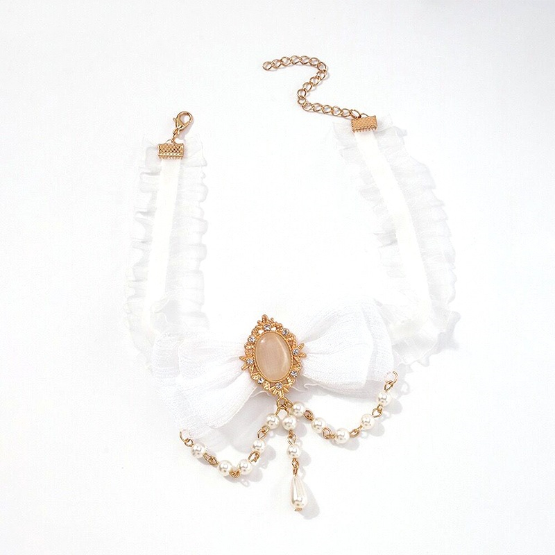 Pearl Bow Necklace Female Choker Lace Neck Band Collar Clavicle Chain - 