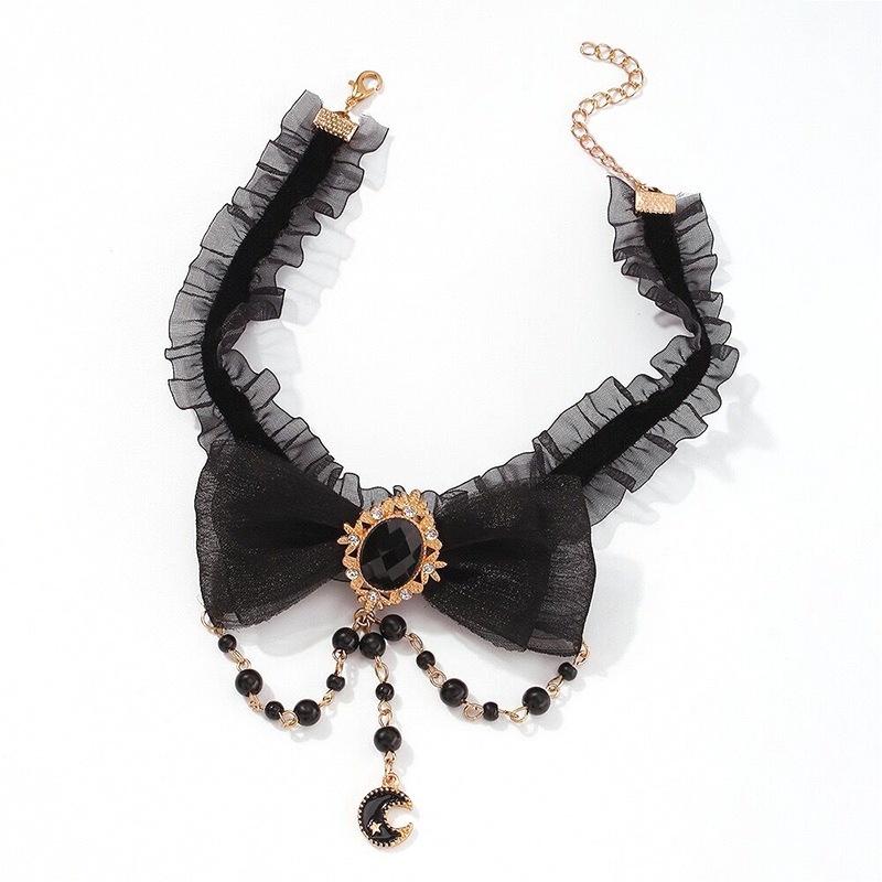 Pearl Bow Necklace Female Choker Lace Neck Band Collar Clavicle Chain - 