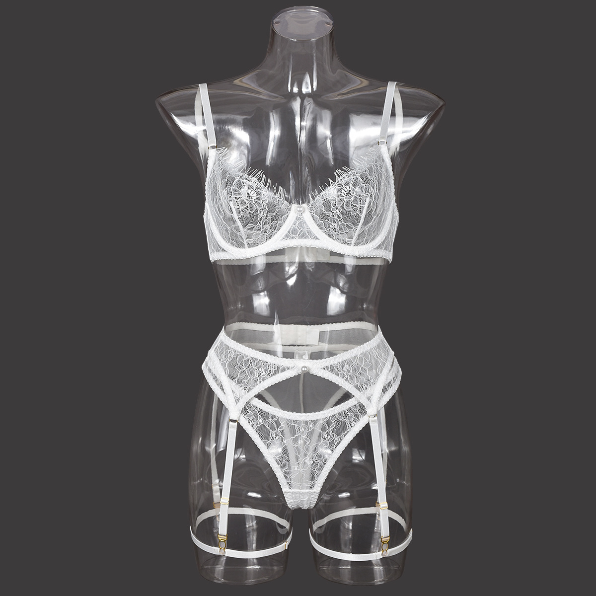 Purple Rhinestone Transparent Underwear Set Bra With Thong And Corset Sexy Suit - 