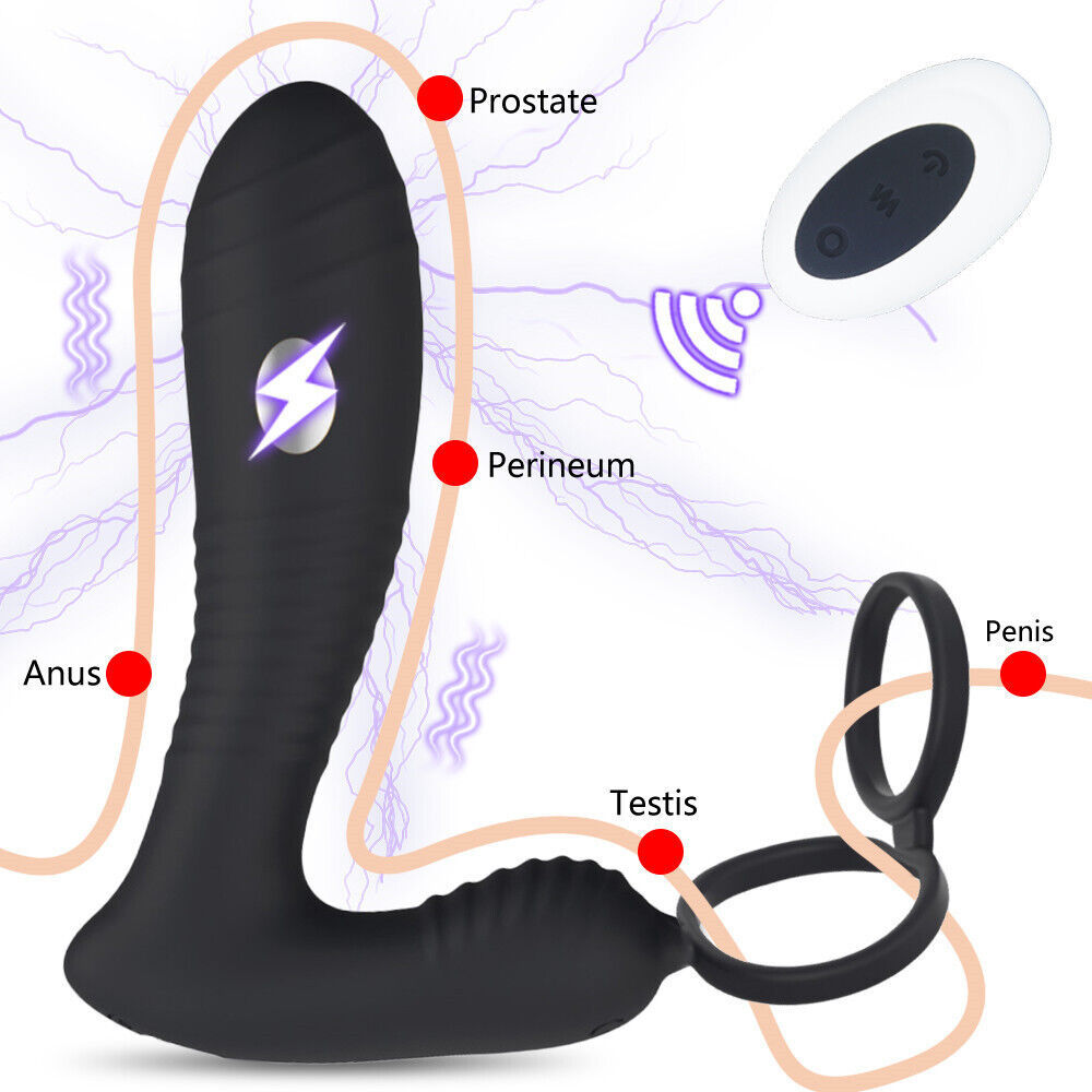 Wireless Remote Control Electric Shock Prostate Massager With Double Penis Ring Anal Vibrator For Male - 
