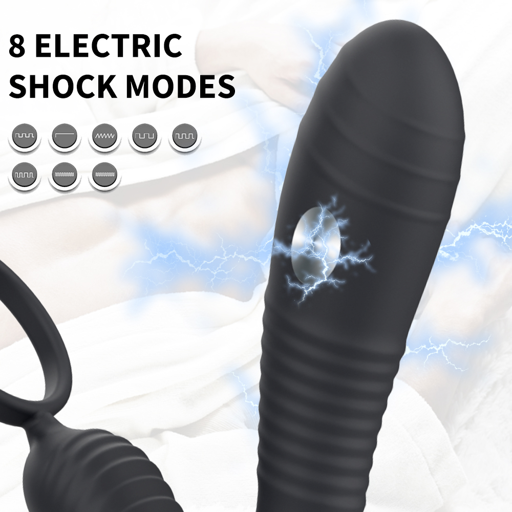 Wireless Remote Control Electric Shock Prostate Massager With Double Penis Ring Anal Vibrator For Male - 