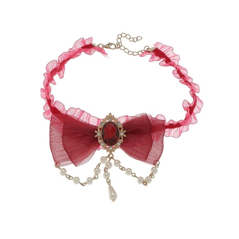 Pearl Bow Necklace Female Choker Lace Neck Band Collar Clavicle Chain - 