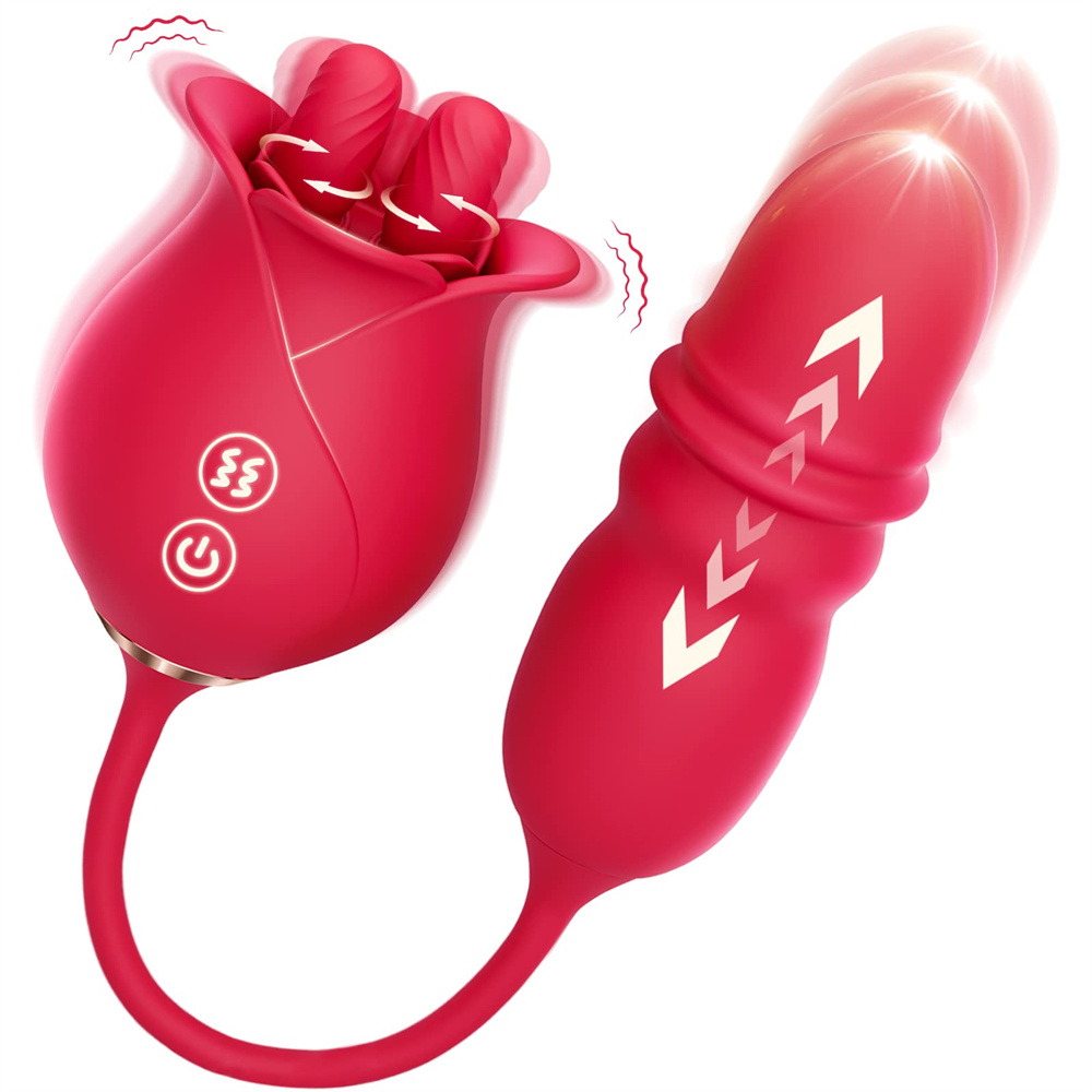 3in1 Dual Tongue Rose Toy With Thrusting Dildo Vibrators G-Spot Clitoral Stimulation Masturbation Toys For Female - 