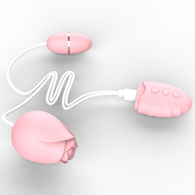 New Detachable Flower Head Rose Toy with Wired Remote Tongue Licking Stimulators & Vibrating Egg - 