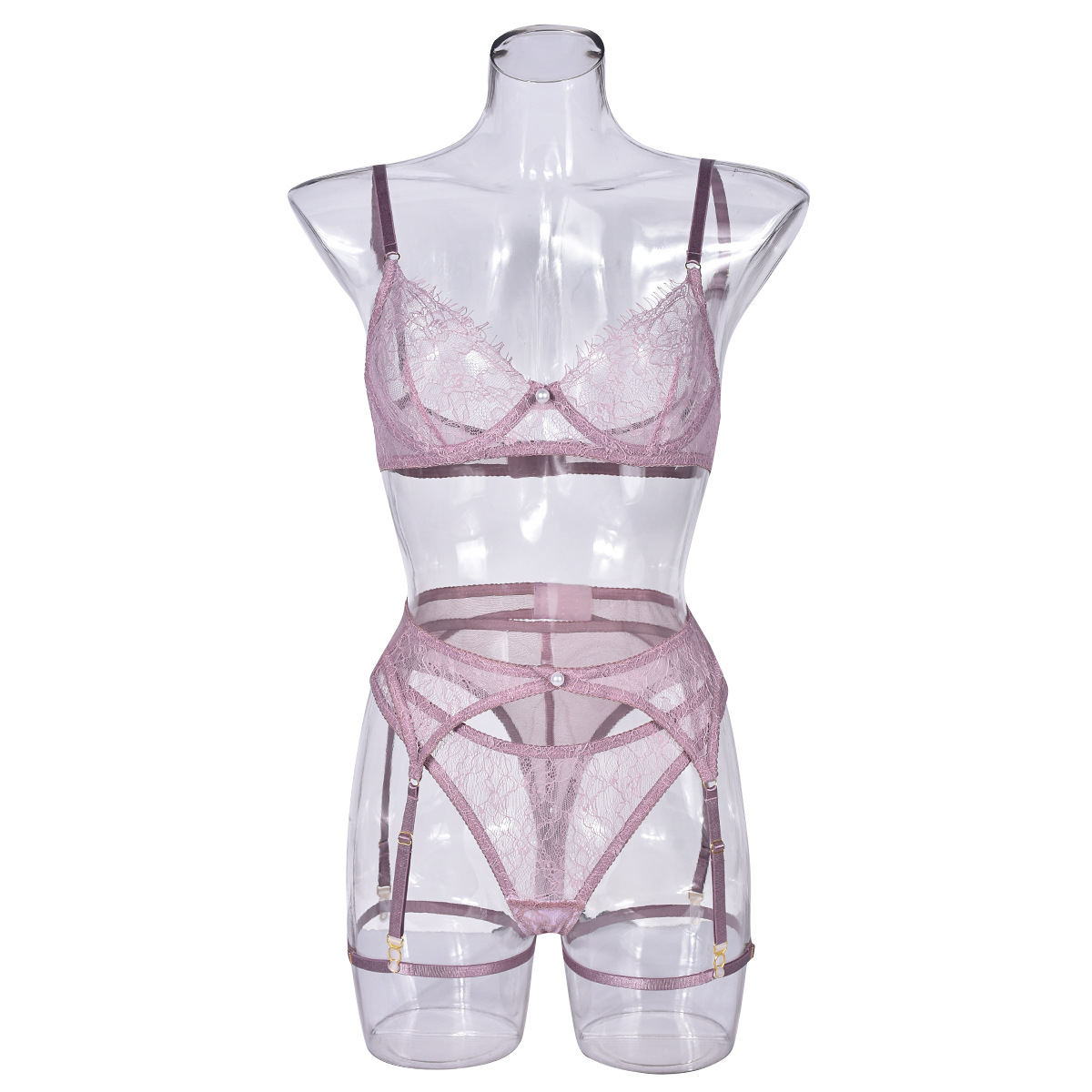Purple Rhinestone Transparent Underwear Set Bra With Thong And Corset Sexy Suit - 