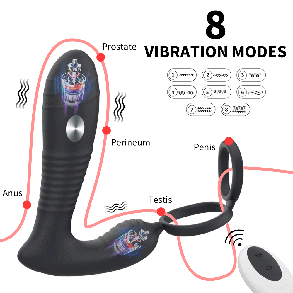 Wireless Remote Control Electric Shock Prostate Massager With Double Penis Ring Anal Vibrator For Male - 