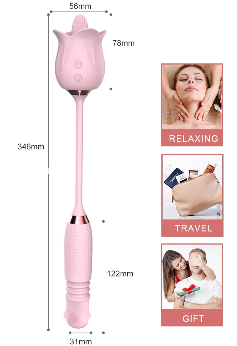 3-in-1 Blooming Rose Toy Rotating Telescopic Tongue Licking Pearls Vibrator Sex Toy For Adult Female - 