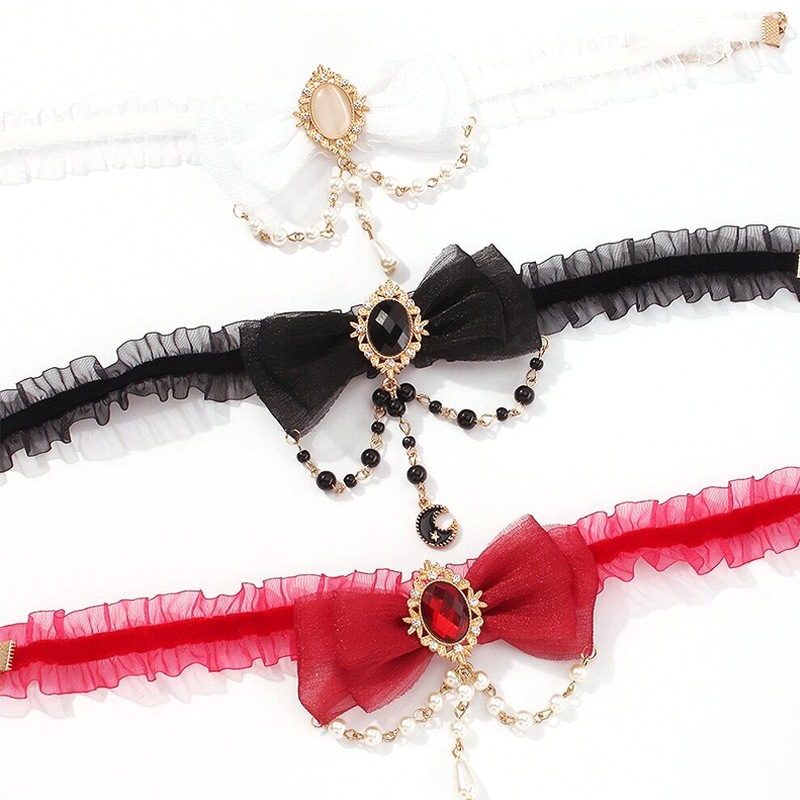 Pearl Bow Necklace Female Choker Lace Neck Band Collar Clavicle Chain - 