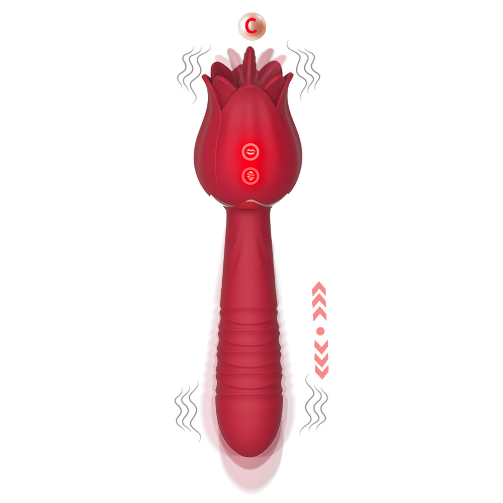 Rose Tongue Licking Thrusting Wand Vibrator Clitoral G-Spot Stimulation Masturbation Toy For Adult Female - 