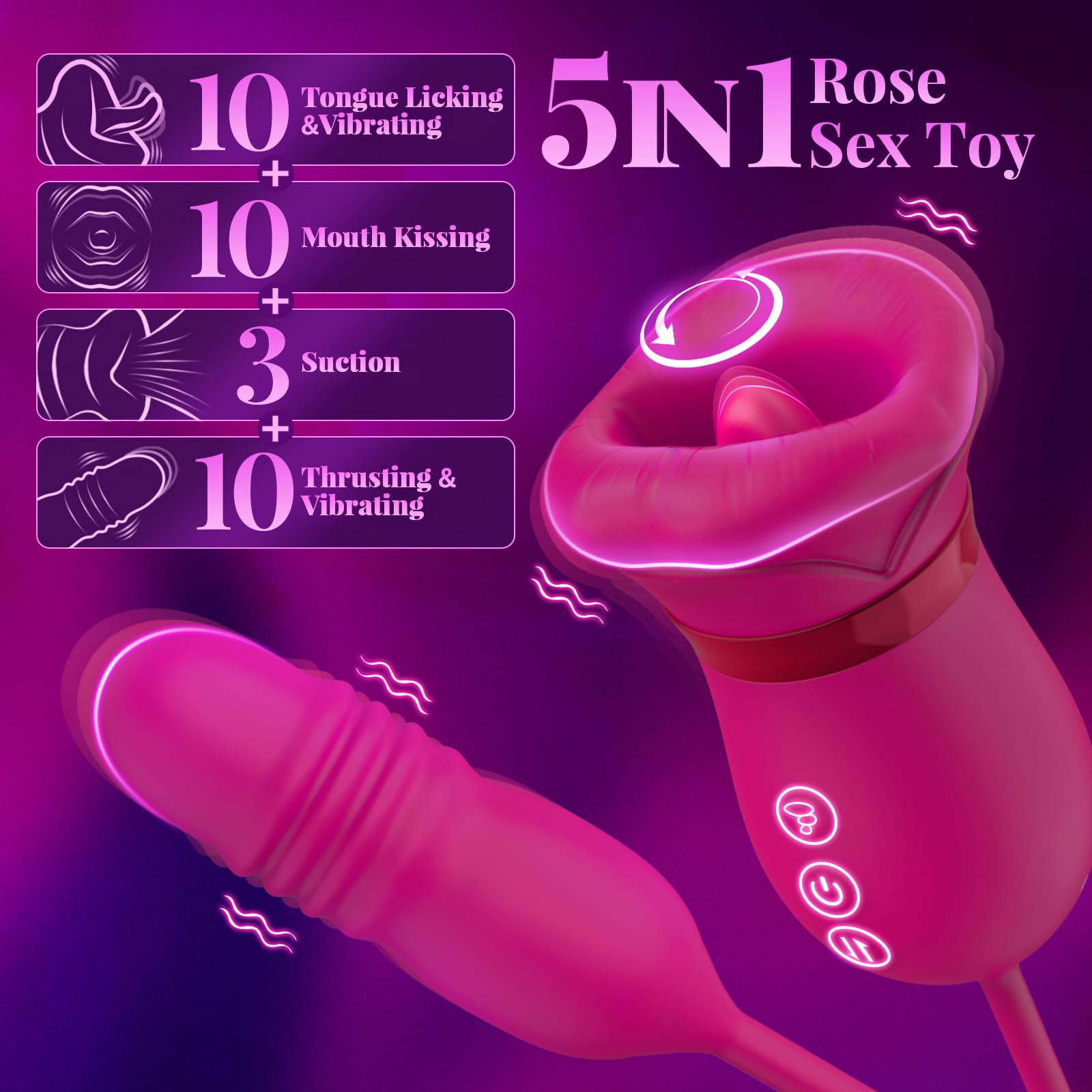 Rose Big Mouth Vibrator Clit Stimulator With Thrusting Vibrator - 