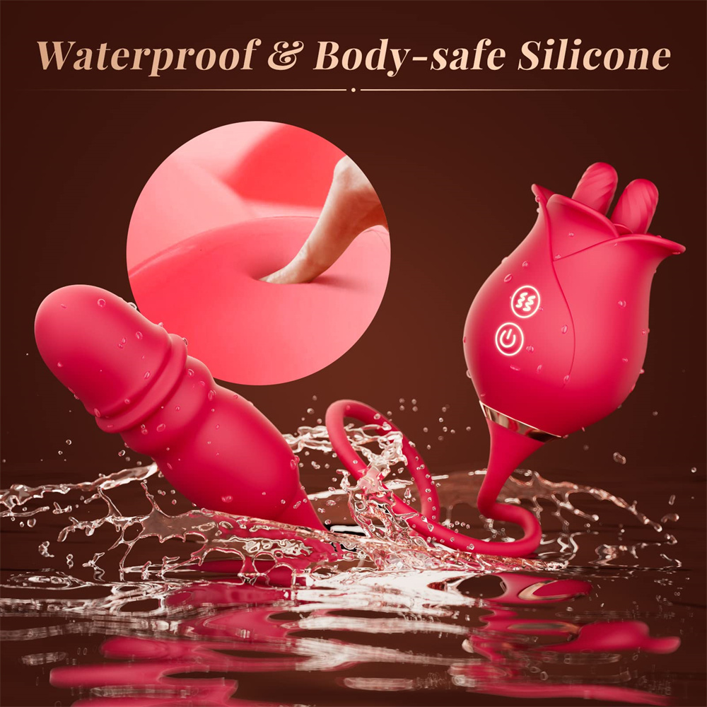 3in1 Dual Tongue Rose Toy With Thrusting Dildo Vibrators G-Spot Clitoral Stimulation Masturbation Toys For Female - 