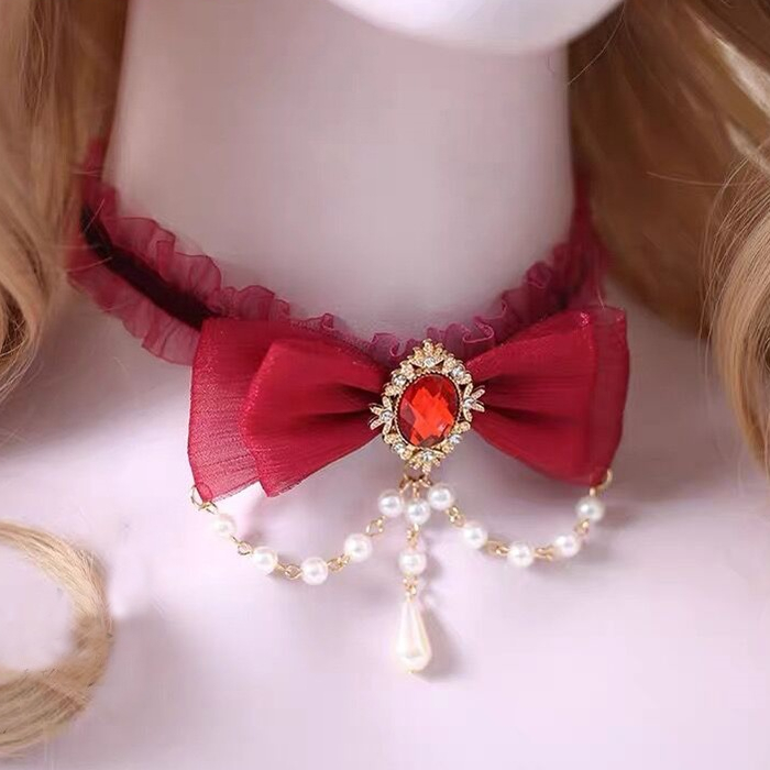 Pearl Bow Necklace Female Choker Lace Neck Band Collar Clavicle Chain - 