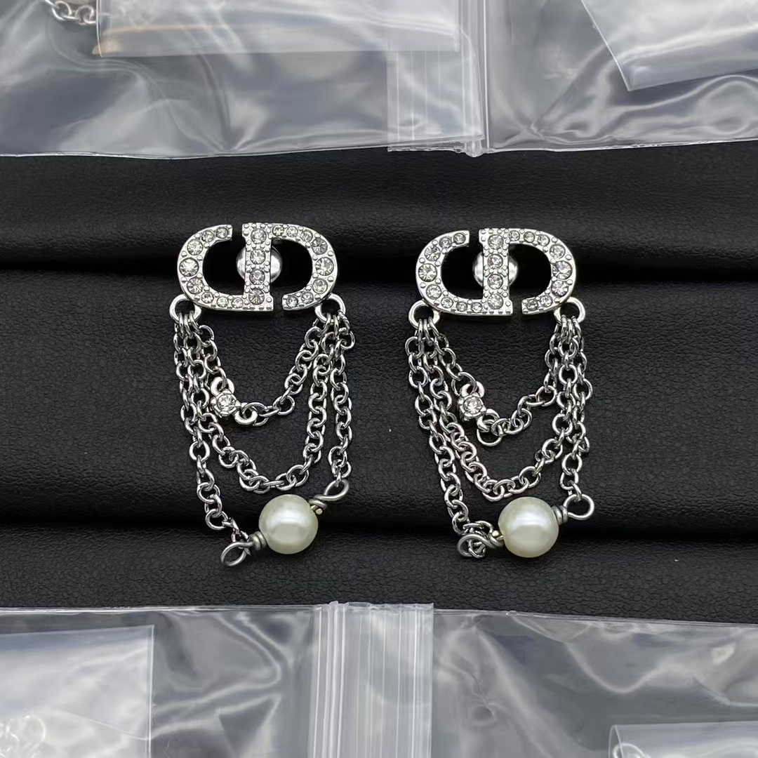 Replica Dior CD Stud Earrings with Chains Dangle