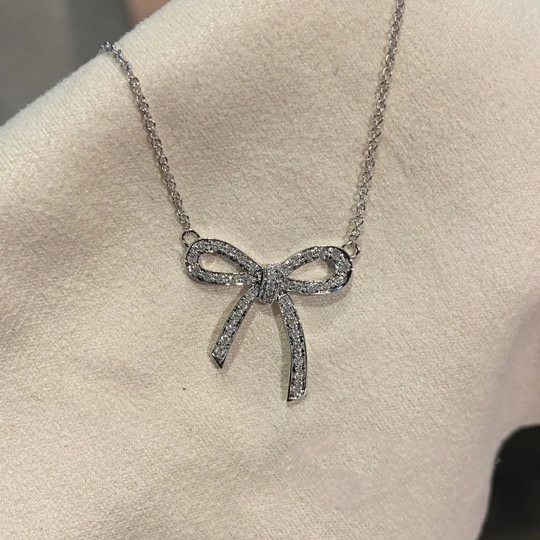 Replica Tiffany Large Full Diamond Bow Pendant Necklace