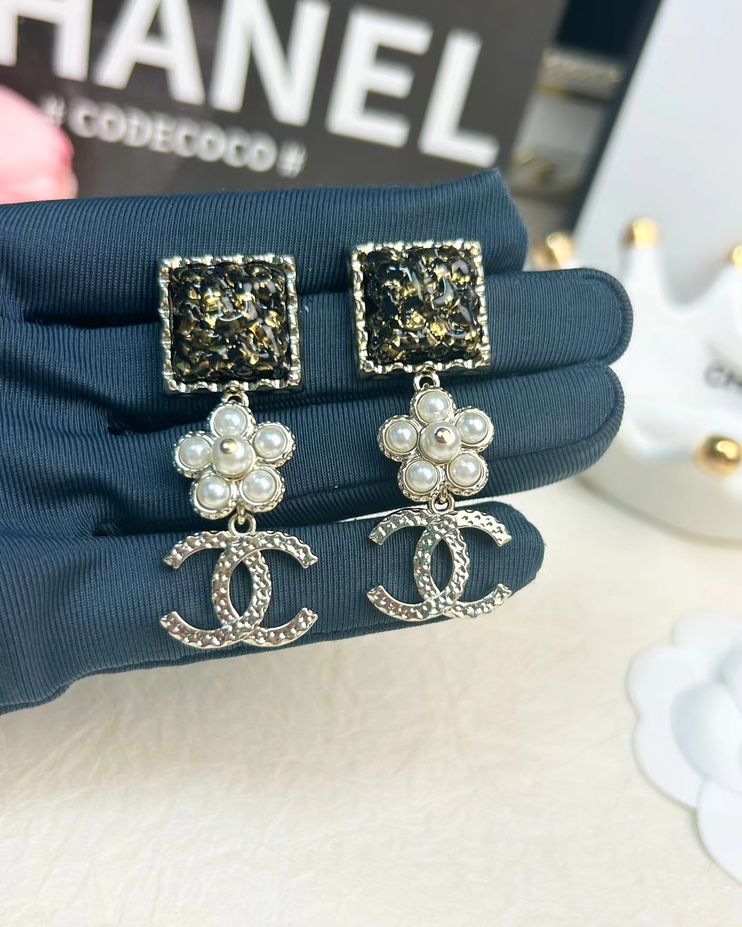 Replica Chanel Pearl Flower Double C Dangle Earrings