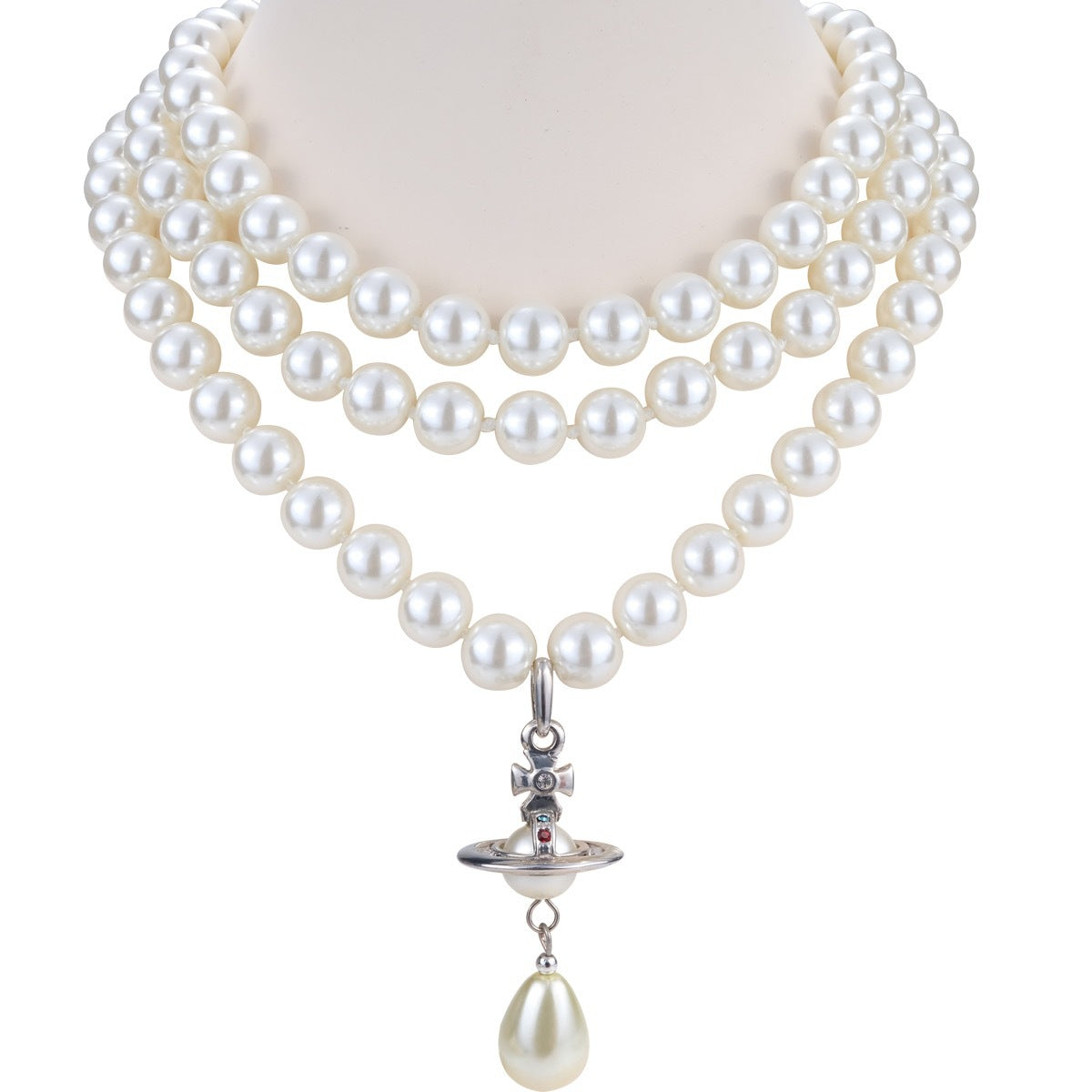 Replica Vivienne Westwood Teardrop Saturn Three Row Pearl Necklace