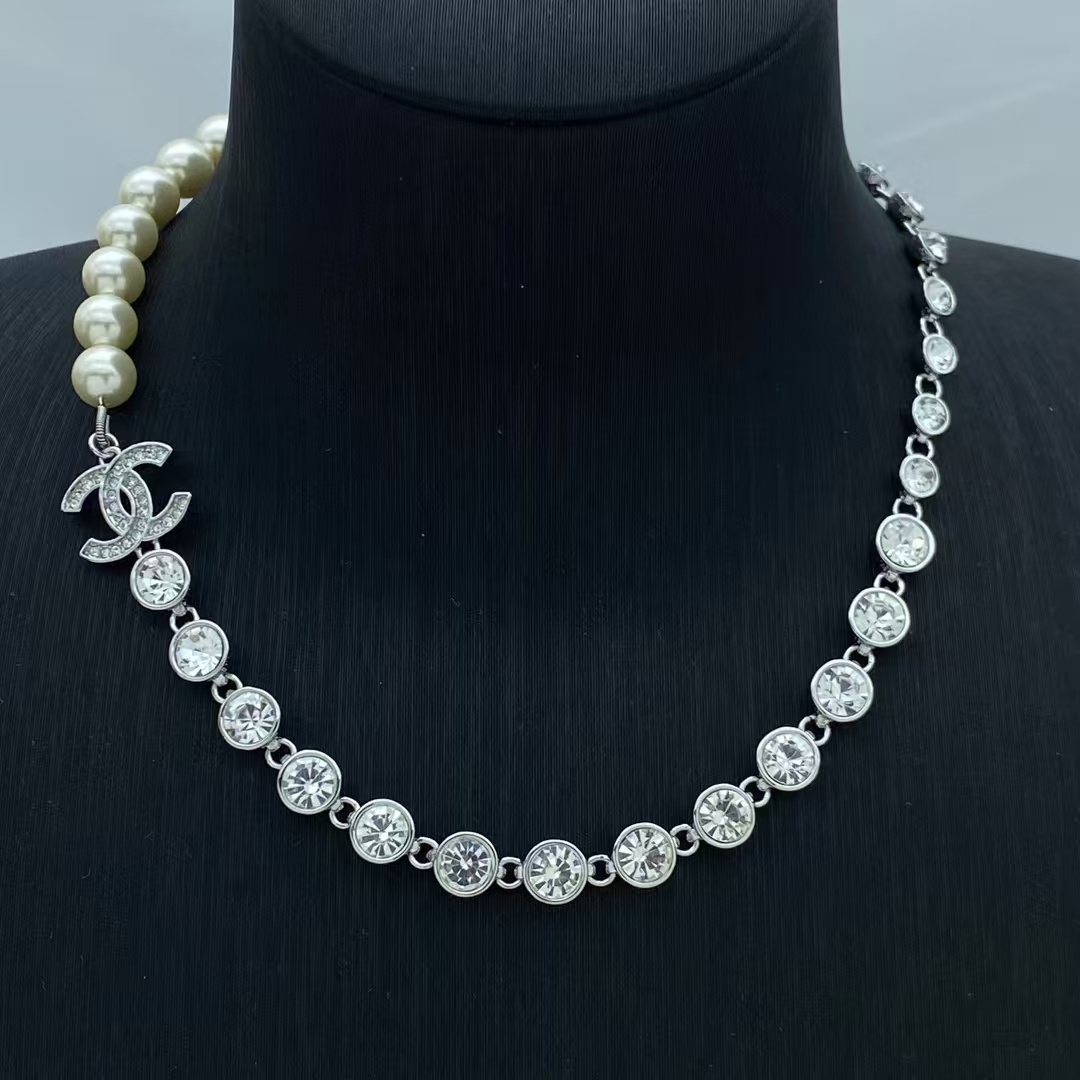 Replica Chanel  Half Diamond Chain and Half Pearl Necklace