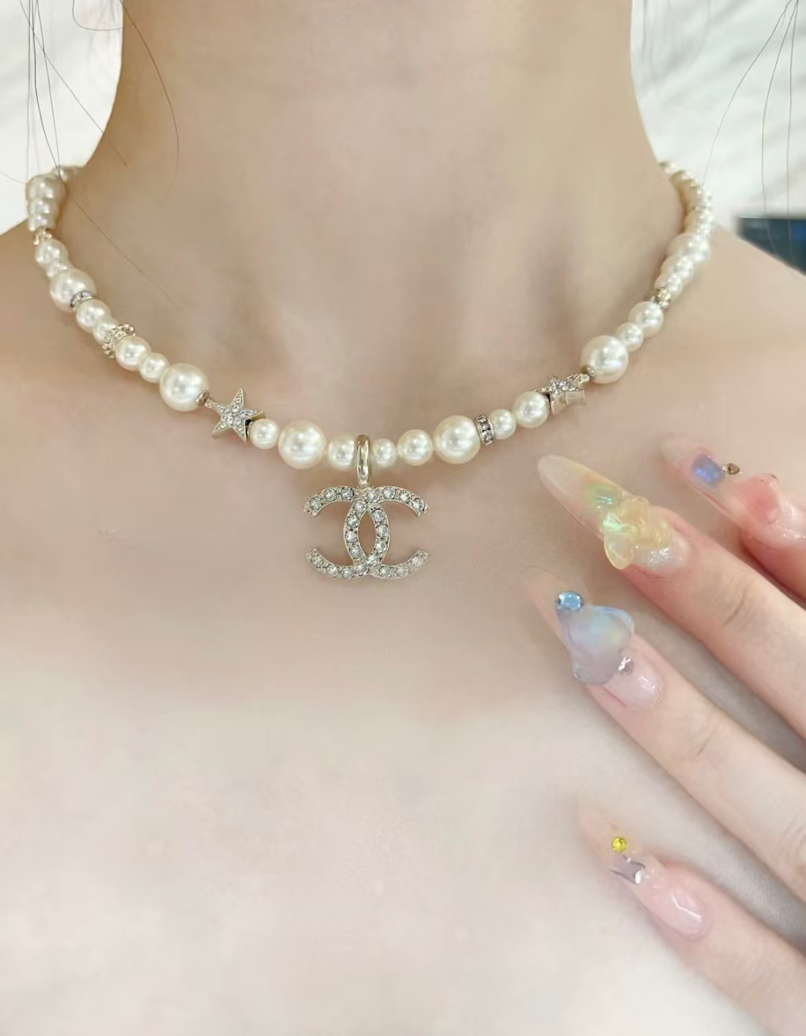 Replica Chanel Star Double C Pendant Pearl Necklace