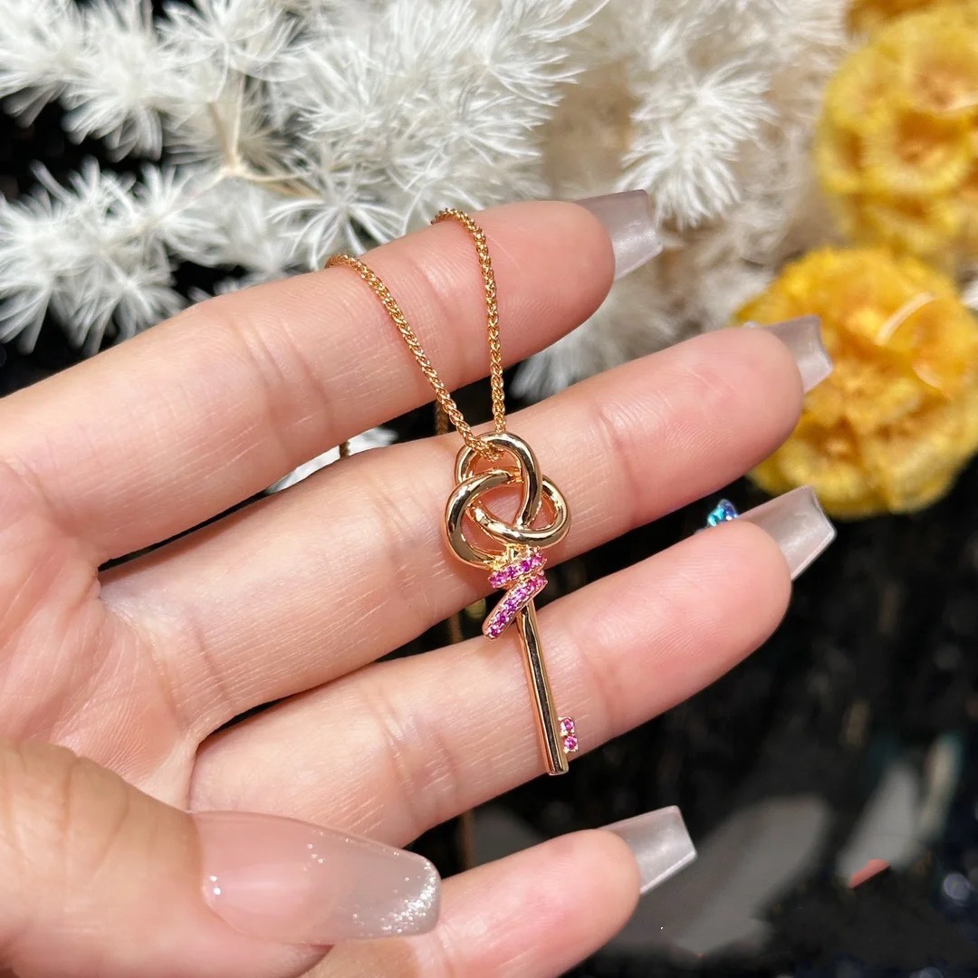 Replica Tiffany Pink Diamond Woven Key Pendant Necklace
