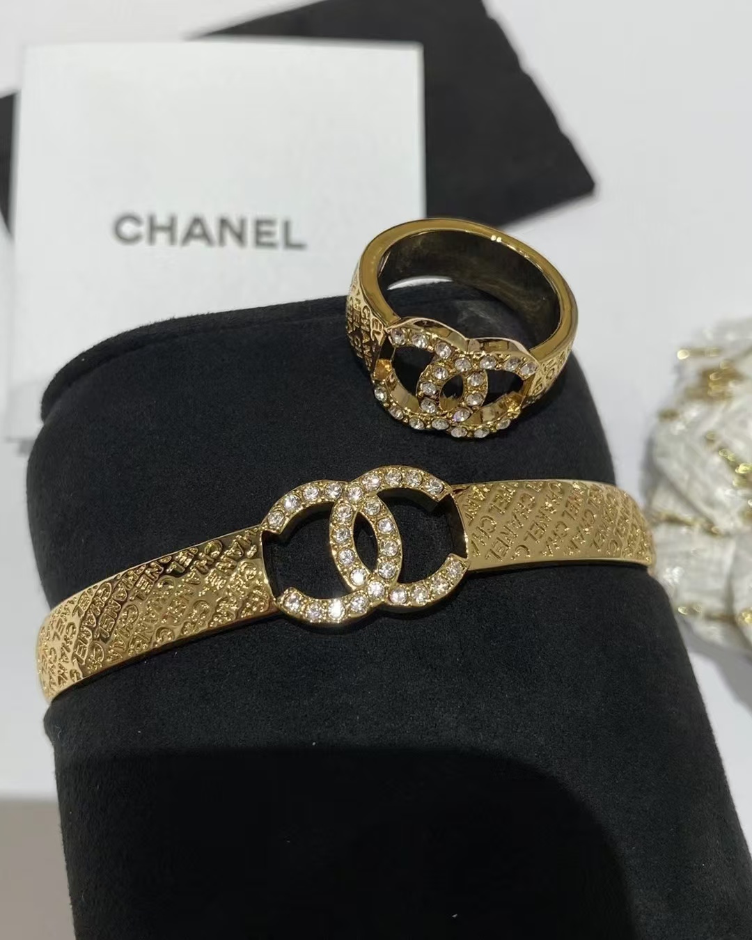 Replica Chanel Hollow Diamond Paved Double C Open Bangle Bracelet