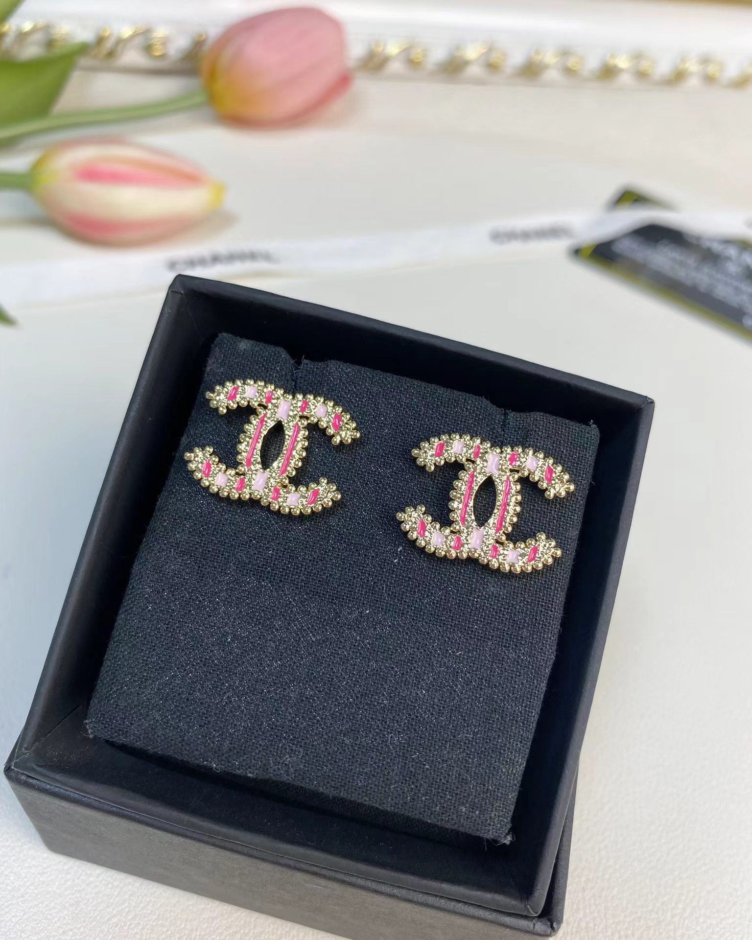 Replica Chanel Enamel Pink Double C Earrings