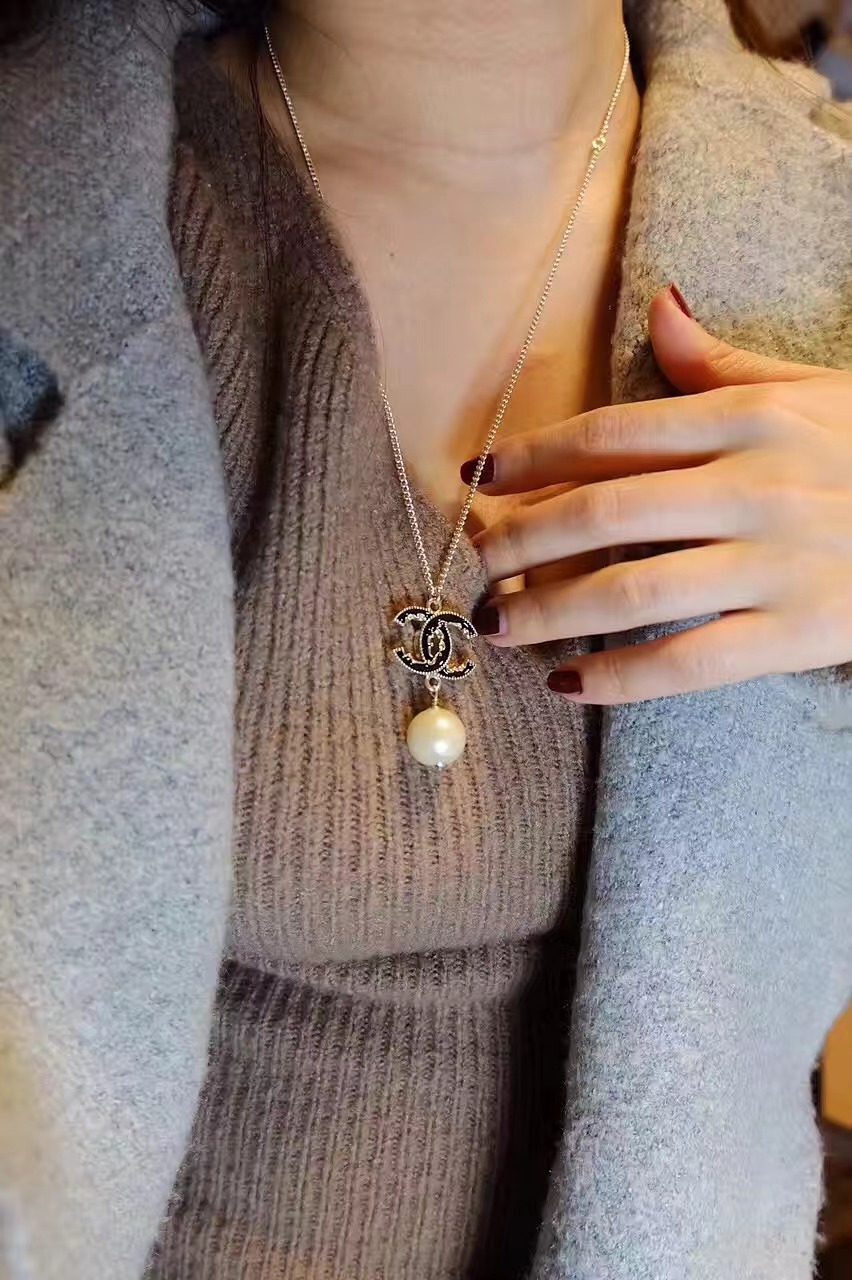Replica Chanel Black Double C Pearl Drop Pendant Necklace