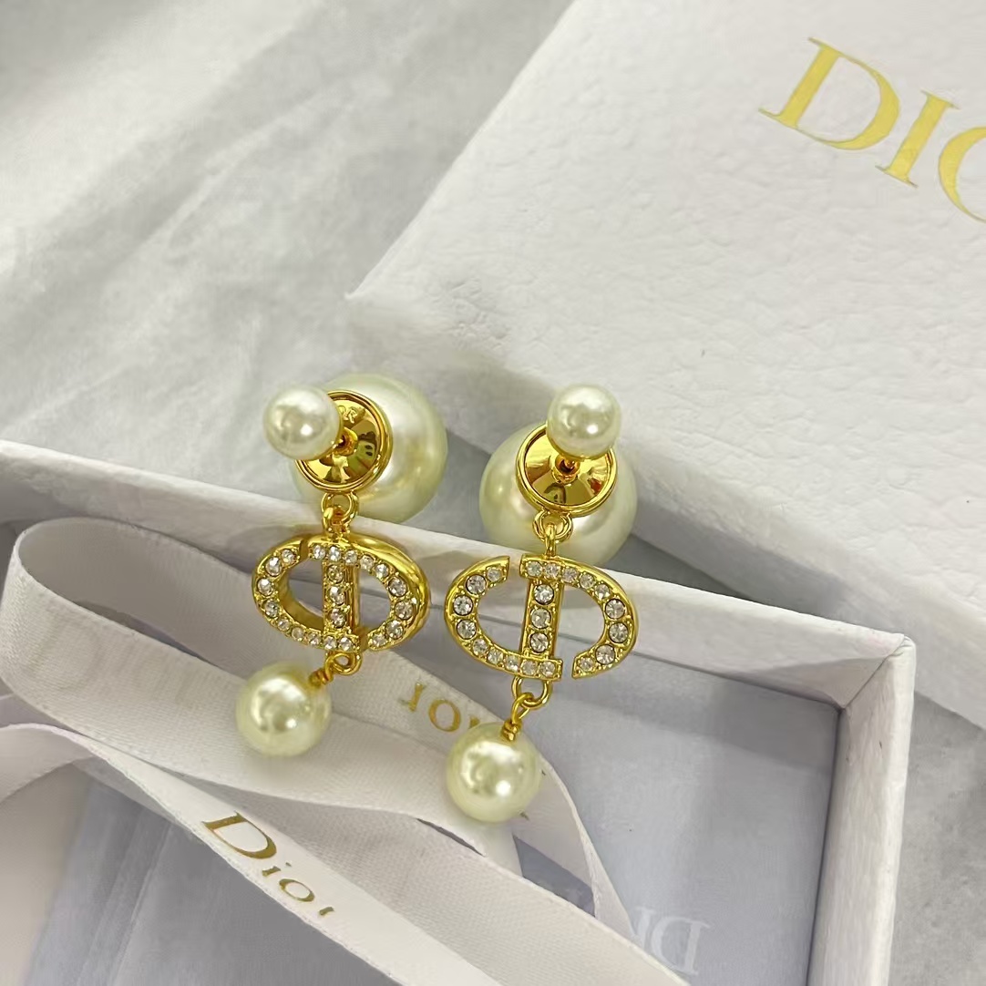 Replica Dior Diamond CD Pearl Drop Earrings