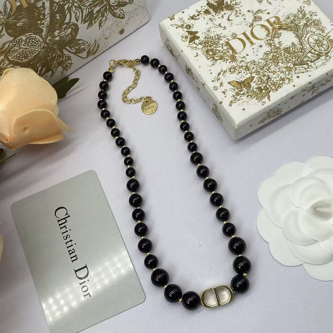Replica Dior CD Pendant Black Pearl Necklace