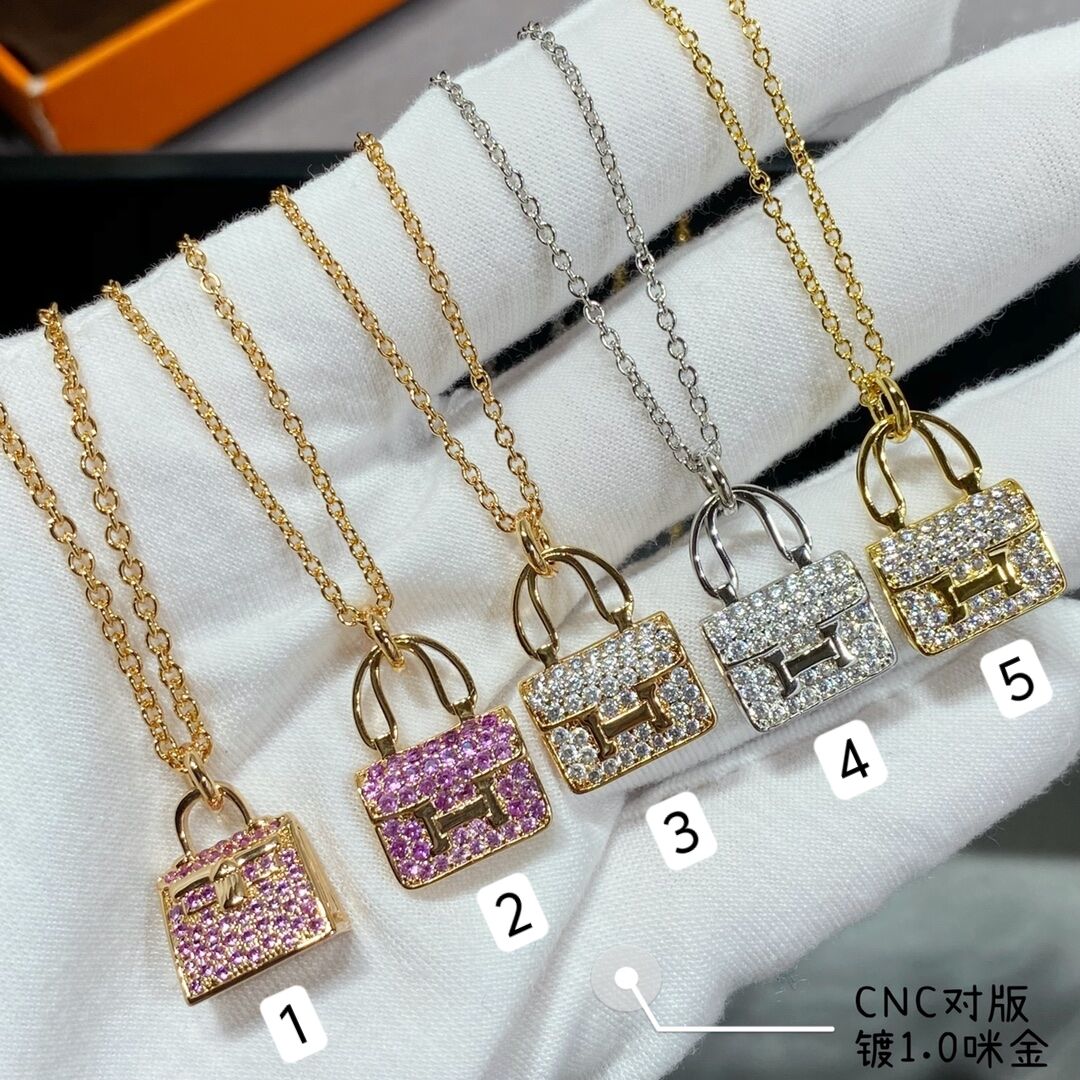 Replica Hermes Diamond Paved Bag Pendant Necklace