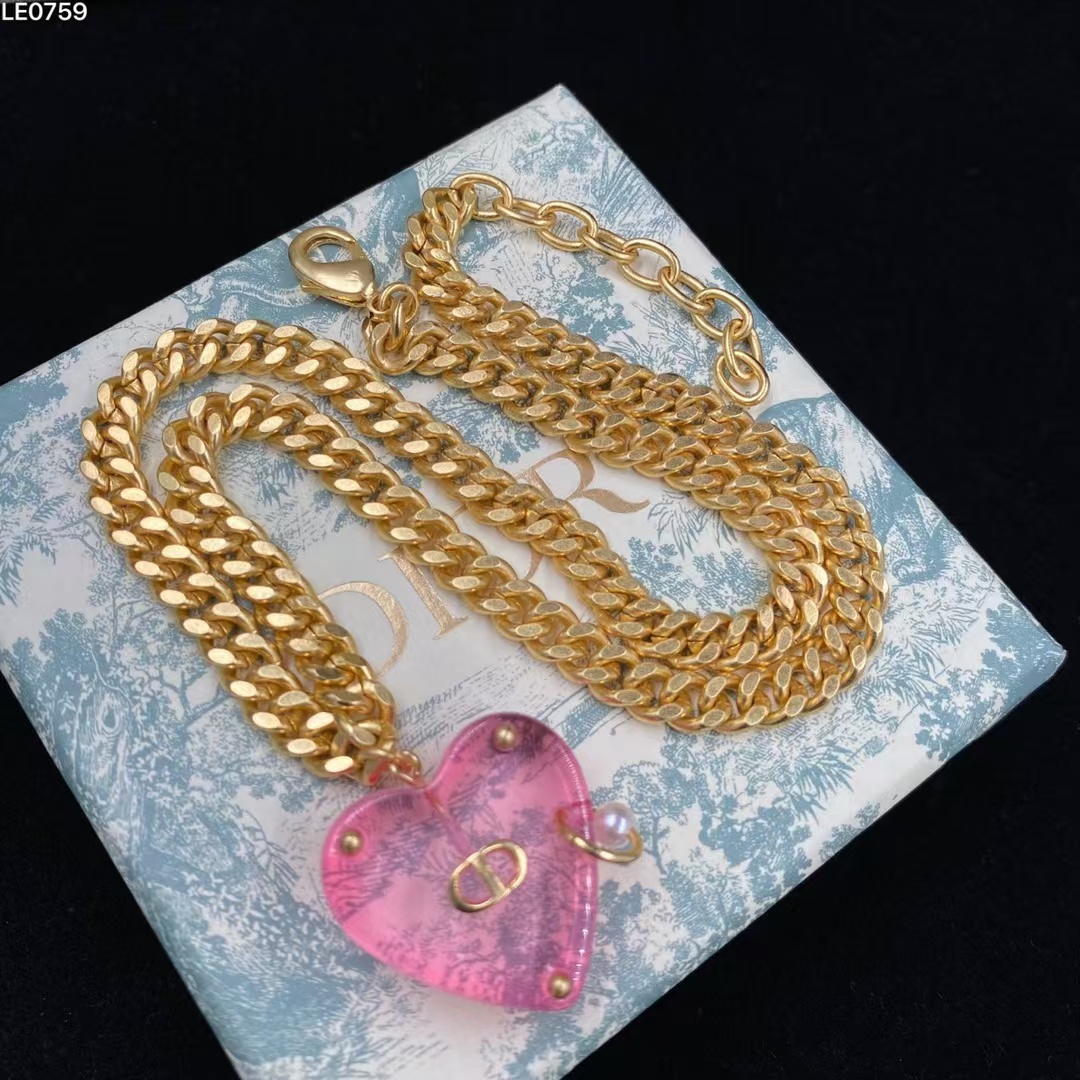 Replica Dior Chunky Cuban Chain Big Pink Heart Pendant Necklace